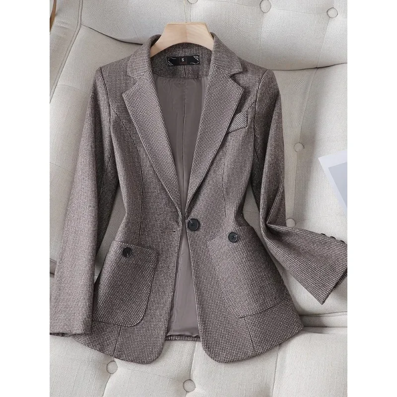 Blazer formel à carreaux gris café pour femmes, veste de travail, manteau avec poche, vêtements d'affaires pour femmes