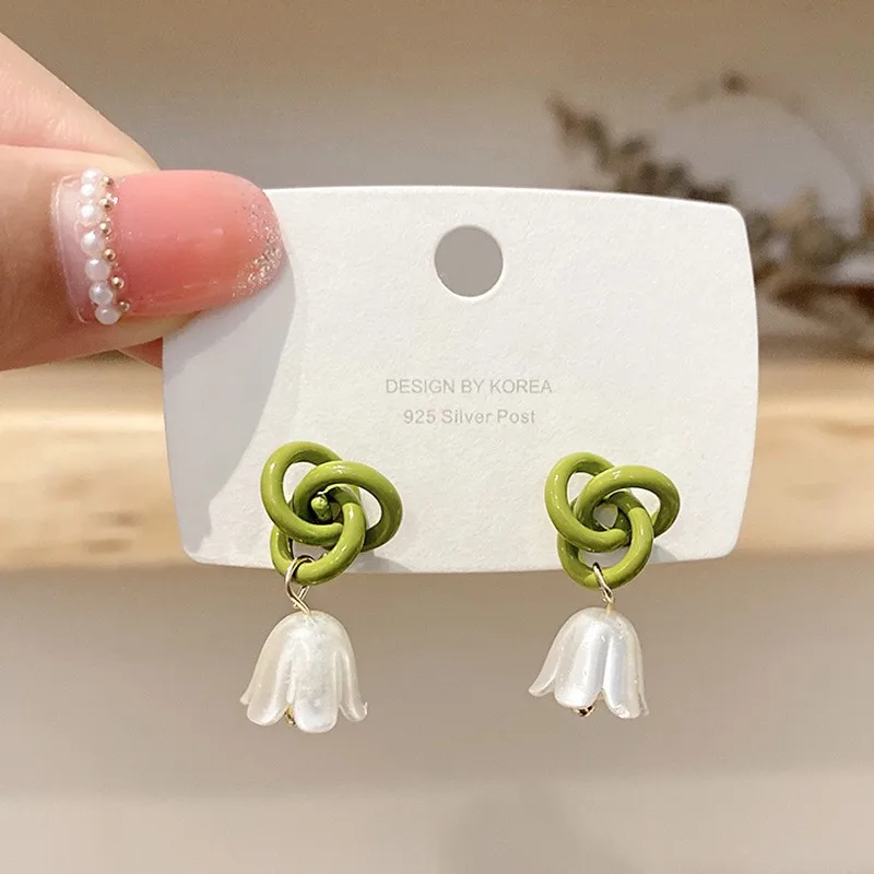 Entangled Green Knotted Lily of the Valley Pendant Earring for Women Ear Jewelry Wholesale Christmas Girl Gift