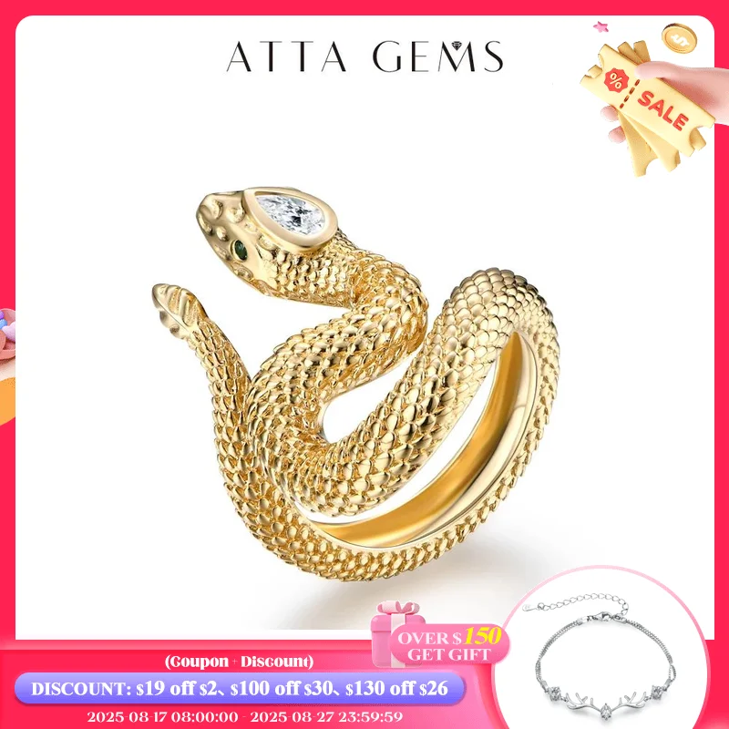 

Attagems Luxury D Color Pear Cut Trendy Moissanite Ring for Women Real S925 Silver Yellow Gold Plated Snake Ring for Travel Gift