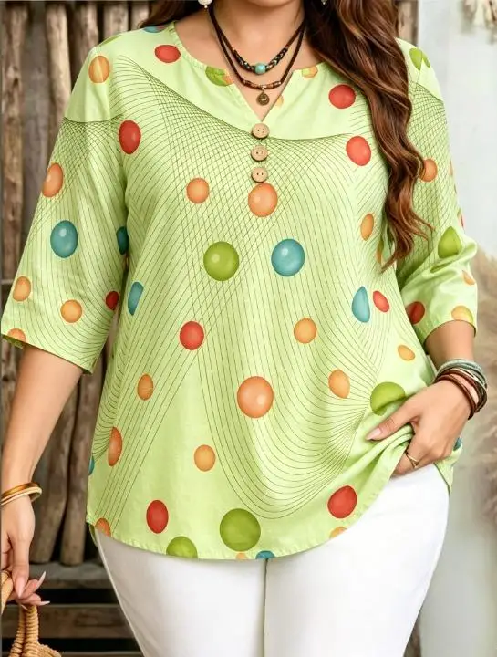 6 Colors Macaron Polka Dot Geometric Thin Line Print Blouses Notch Split V Neck 3 Buttons 3/4 Sleeve Women Daily Casual Tops