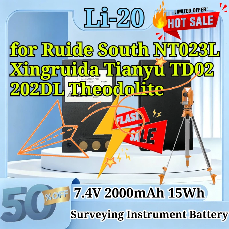 New Li-20 7.4V 2000mAh 15Wh Replacement Li-ion Battery for Ruide South NT023L Xingruida Tianyu TD02 202DL Theodolite Surveying