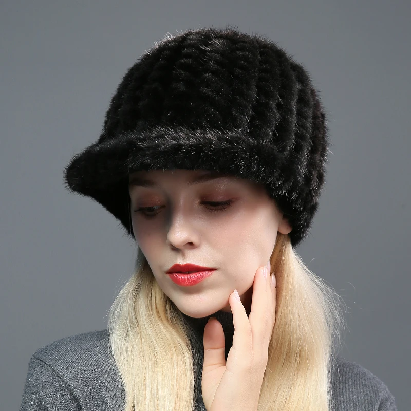 

Women Real Mink Fur Hat Winter Warm Peaked Cap Visors Headwear Black Brown Wine