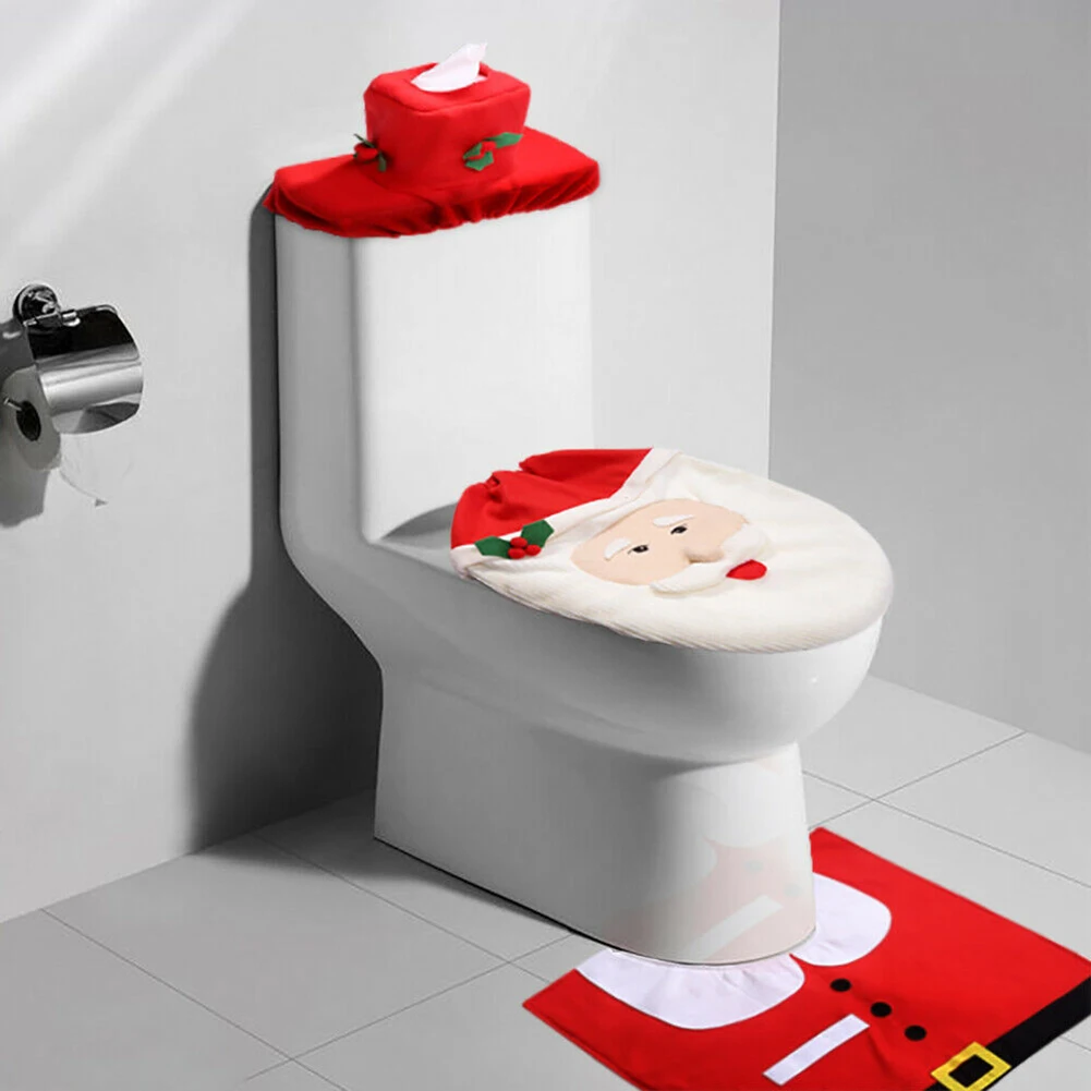 Christmas Bathroom Decorations Sets Creative 3pcs Santa Toilet Seat Cover Rug Toilet Tank Cover Xmas Supplies Xmas Home Decor