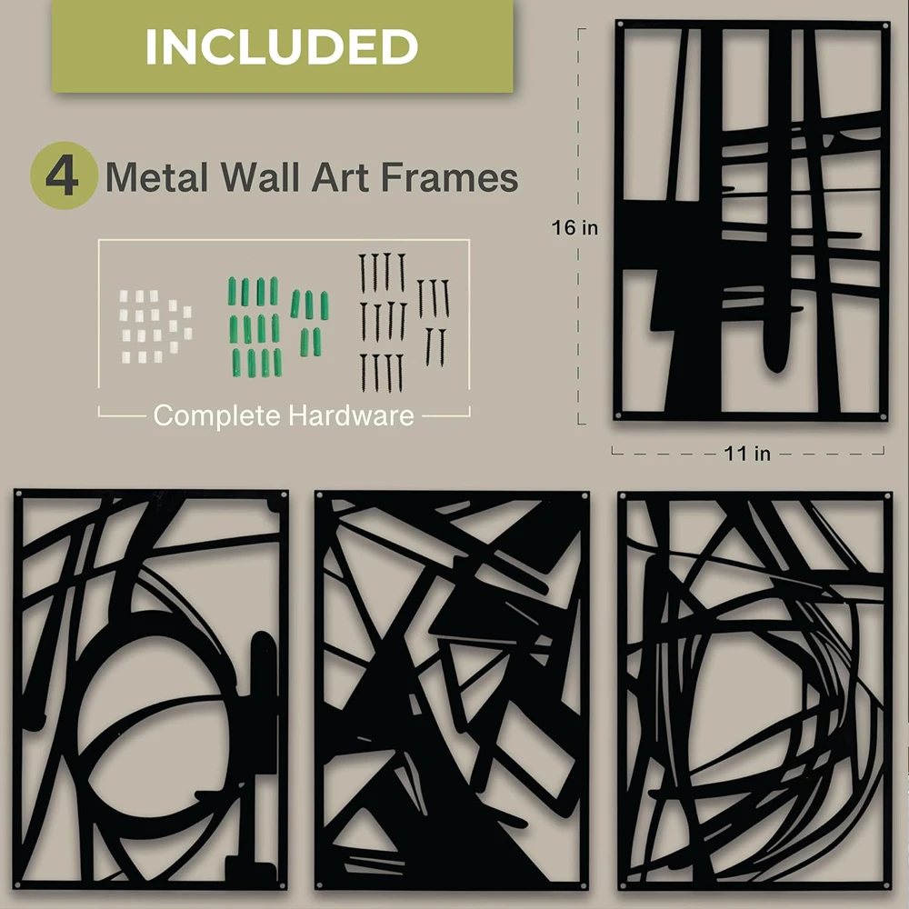 Zestaw 4 czarnych abstrakcyjnych metalowych dekoracji ściennych - matowe wykończenie Estetyczna minimalistyczna metalowa dekoracja ścienna - abstrakcyjna grafika ścienna 3D