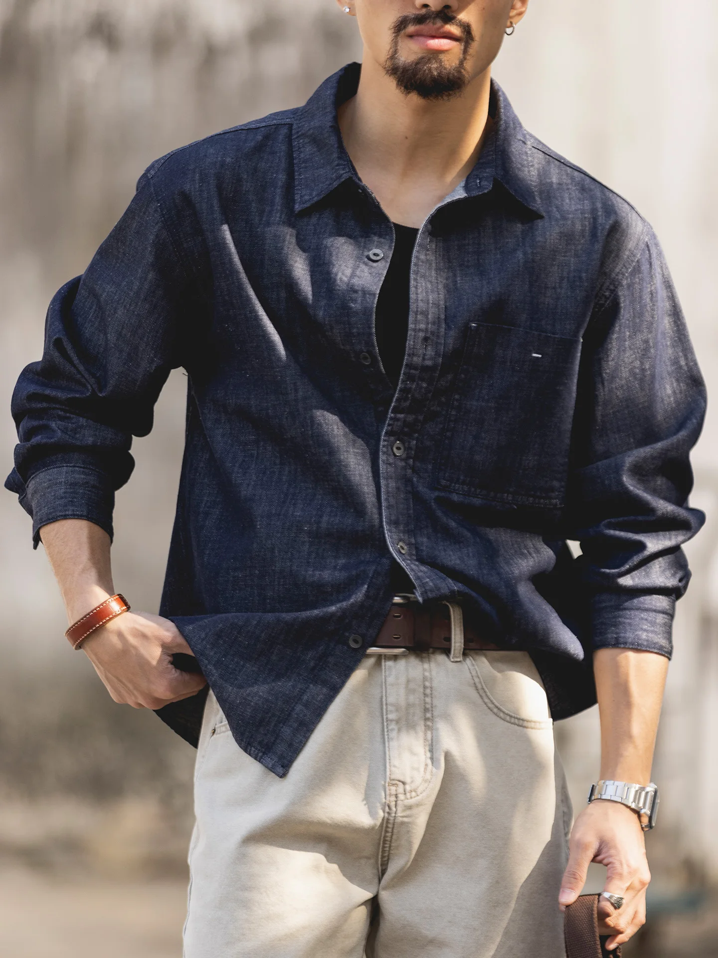 

Eco-Friendly Active Dye Original Color Men's Denim Shirt Spring 2026 Large Size Top American Commuter Long Sleeve Shirt