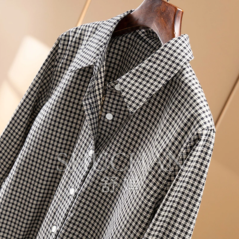 Intellectually fashionable early autumn commuting 100 cotton yarn-dyed plaid long-sleeved shirt  women 3Y19