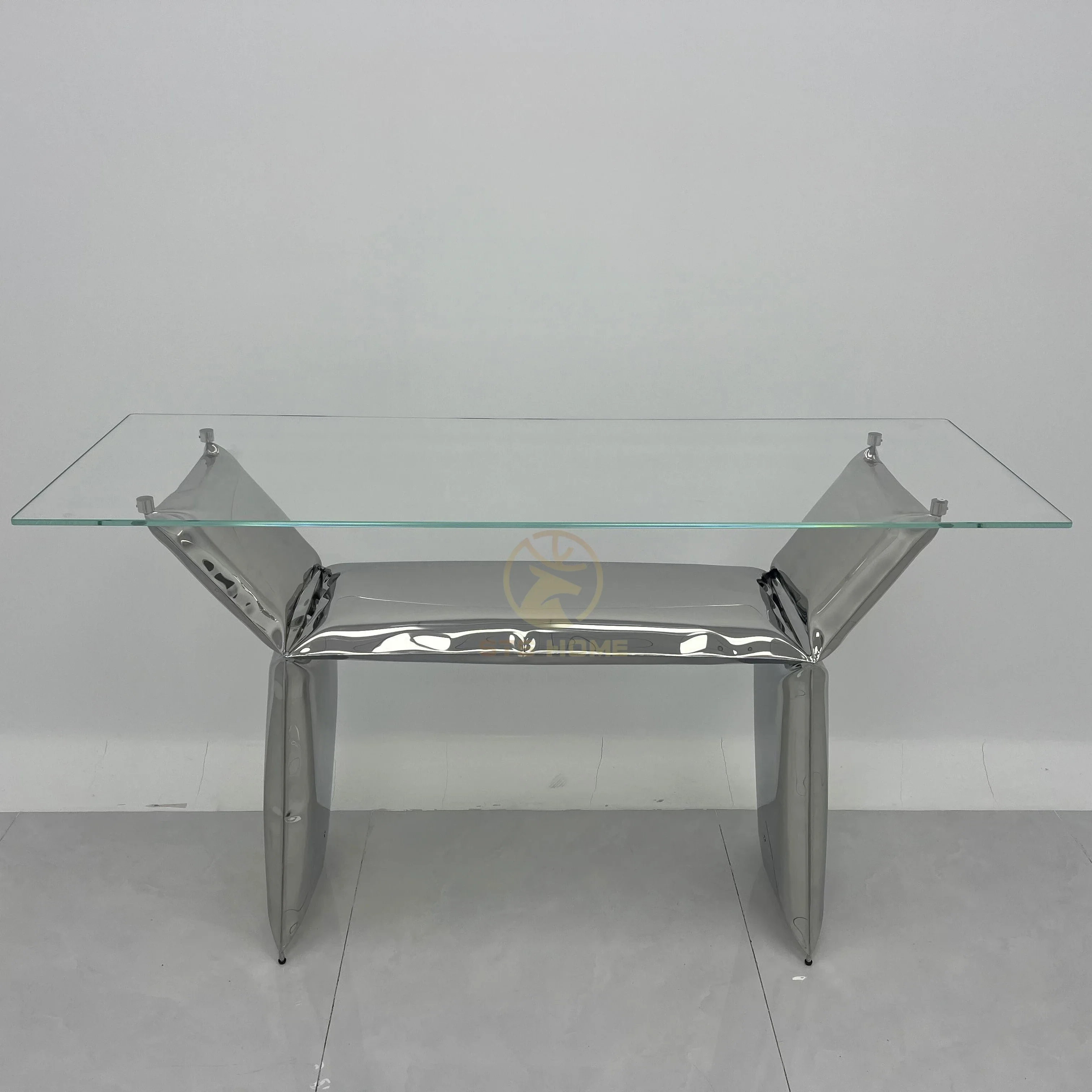 

#H Modern design stainless steel blow entrance table creative silver metal glass top side table