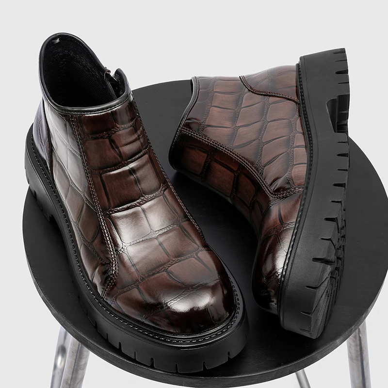 Men Glossy Leather Square Toe Slip on Ankle Boots Thick Lug Platform Sole Wear Resistant Autumn Winter Street FashionCasualShoes