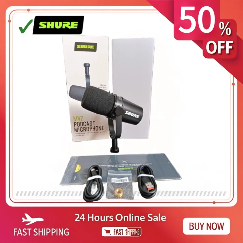 Shure MV7 Hybrid USB/XLR dynamic microphone for outdoor live use with frequency response and built-in sound card microphone