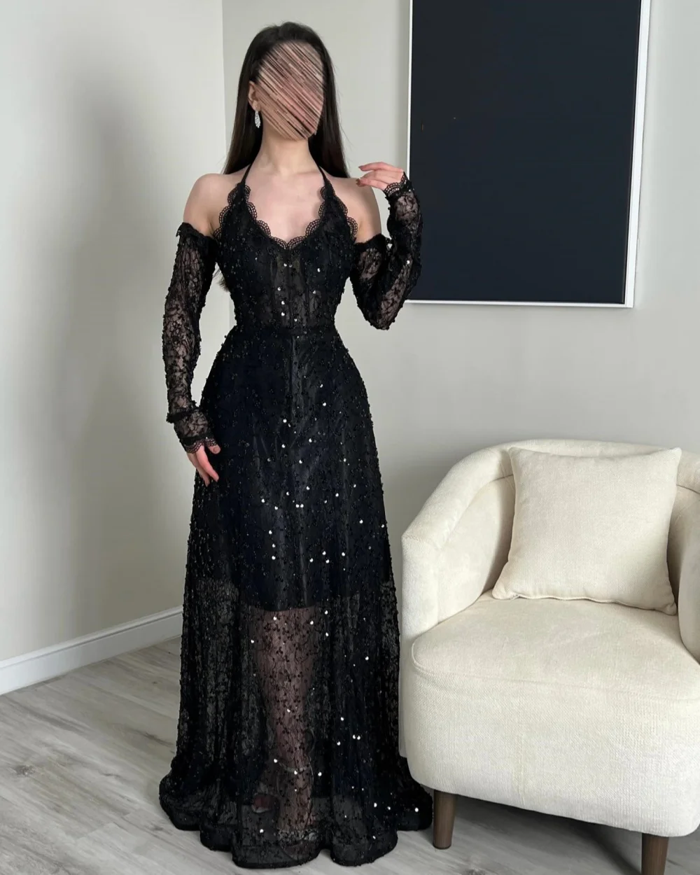 

Customized Exquisite Women Tulle Beading Ruched A-Line Evening Dress Fashion Halter Three Quarter Sleeve Floor Lenght Party Gown