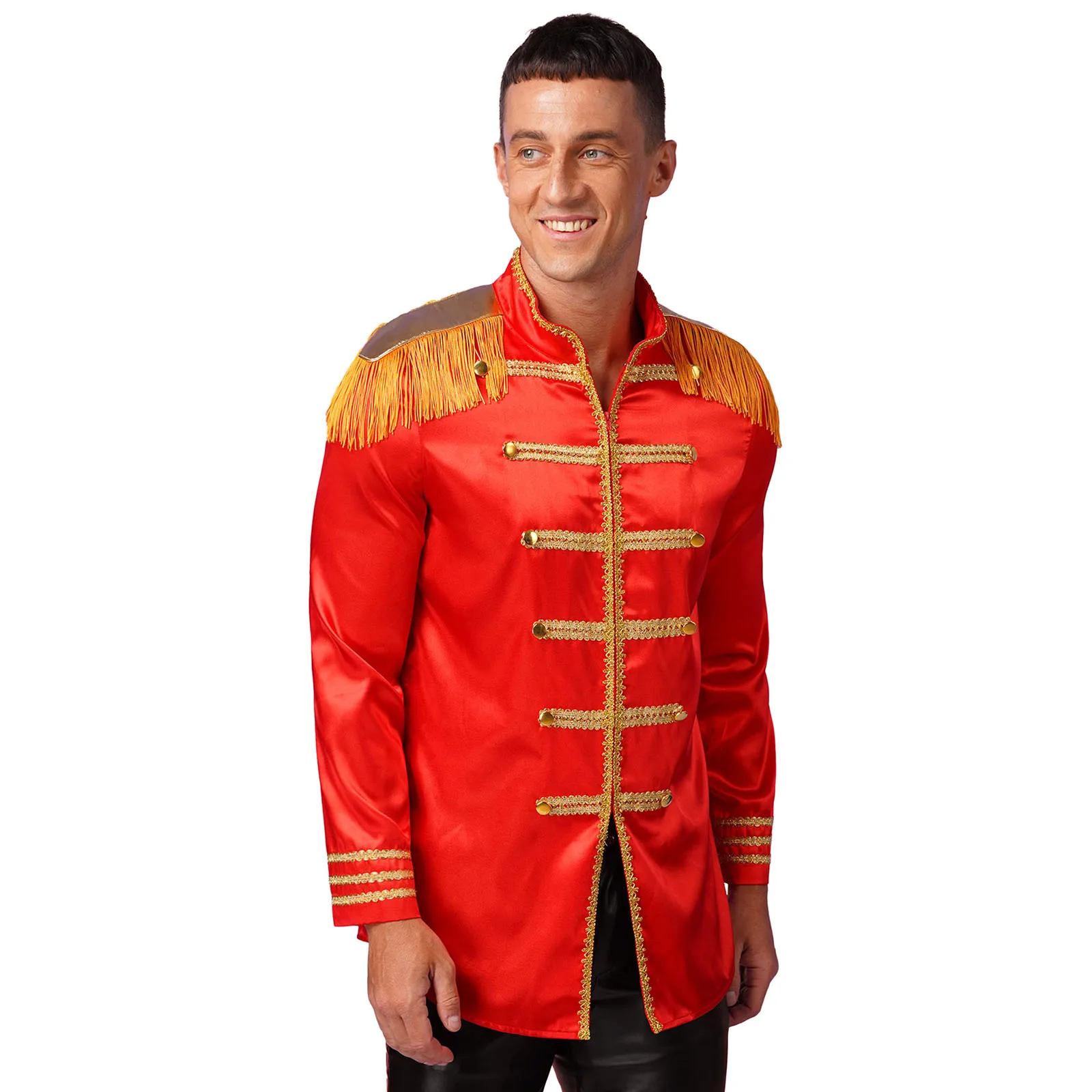 

Mens Hippy Medieval Long Outerwear Tassel Gold Trims Zip-up Satin Jackets Circus Ringmaster SGT Sergeant Pepper Cosplay Costumes