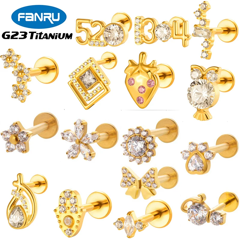 

1PC G23 Solid Titanium Lip Stud Internally Threaded Zircon Flower Cartilage Ear Studs Tragus Helix Conch Labret Piercing Jewelry