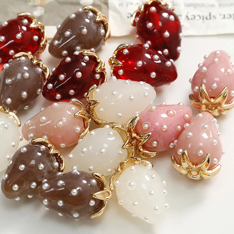 Resin Strawberry Pendant Pearl Dots Strawberry Pendant Charms DIY Necklace Bracelet Earrings Jewelry Making Accessories