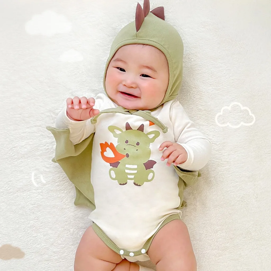 Baby Clothes 2025 Spring New Korean Cute Baby Boy's One Piece Clothes Fire Dragon Printing Climbing Clothes.