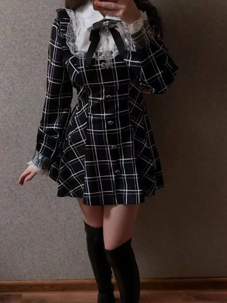 Japanese Plaid Preppy Style Elegant Dress Woman Princess Y2k Design Vintage Harajuku Dress Female Bow Korea Style Chic Outfits