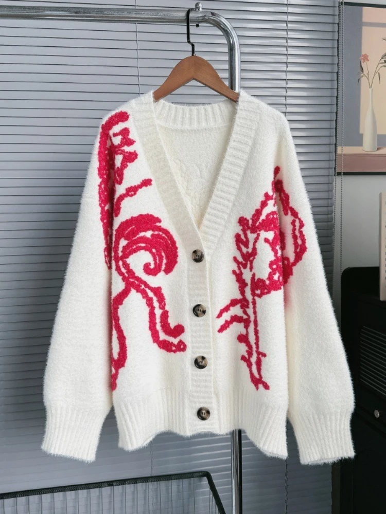 

Fashion Design Cardigan V Neck Single Breasted Contrast Color Embroidery Sweater Casual Loose Knit Tops Elegant Women's Clothing
