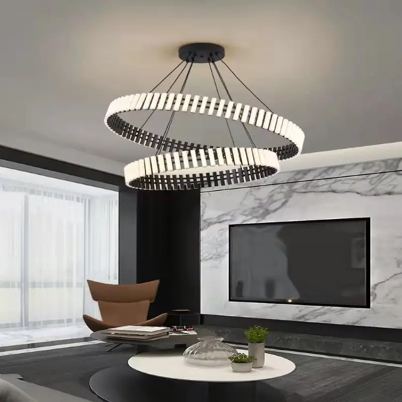 Modern Black Ring LED Pendant Light Striped Circular Hanging Chandelier for Living Room Home Decor