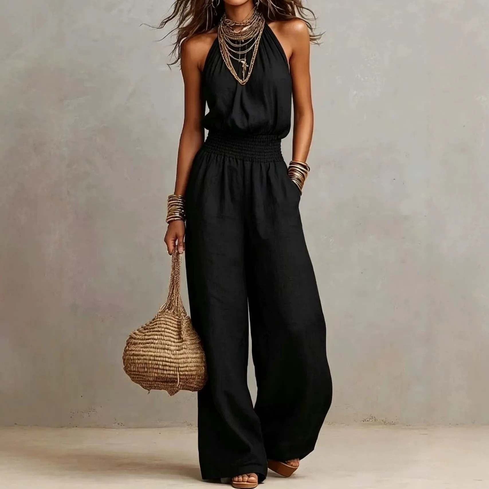 For Woman Jumpsuit Sleeveless Halter Neck Backless Romper Wide Leg Smocked Waist Mid Waist Overalls Beige Burgundy Black Woven