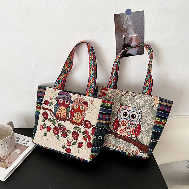 Trendy Elephant Embroidery Handbag Owl Canvas Women Shoulder Bags Animal Ethnic Handbag Female Tote Bag