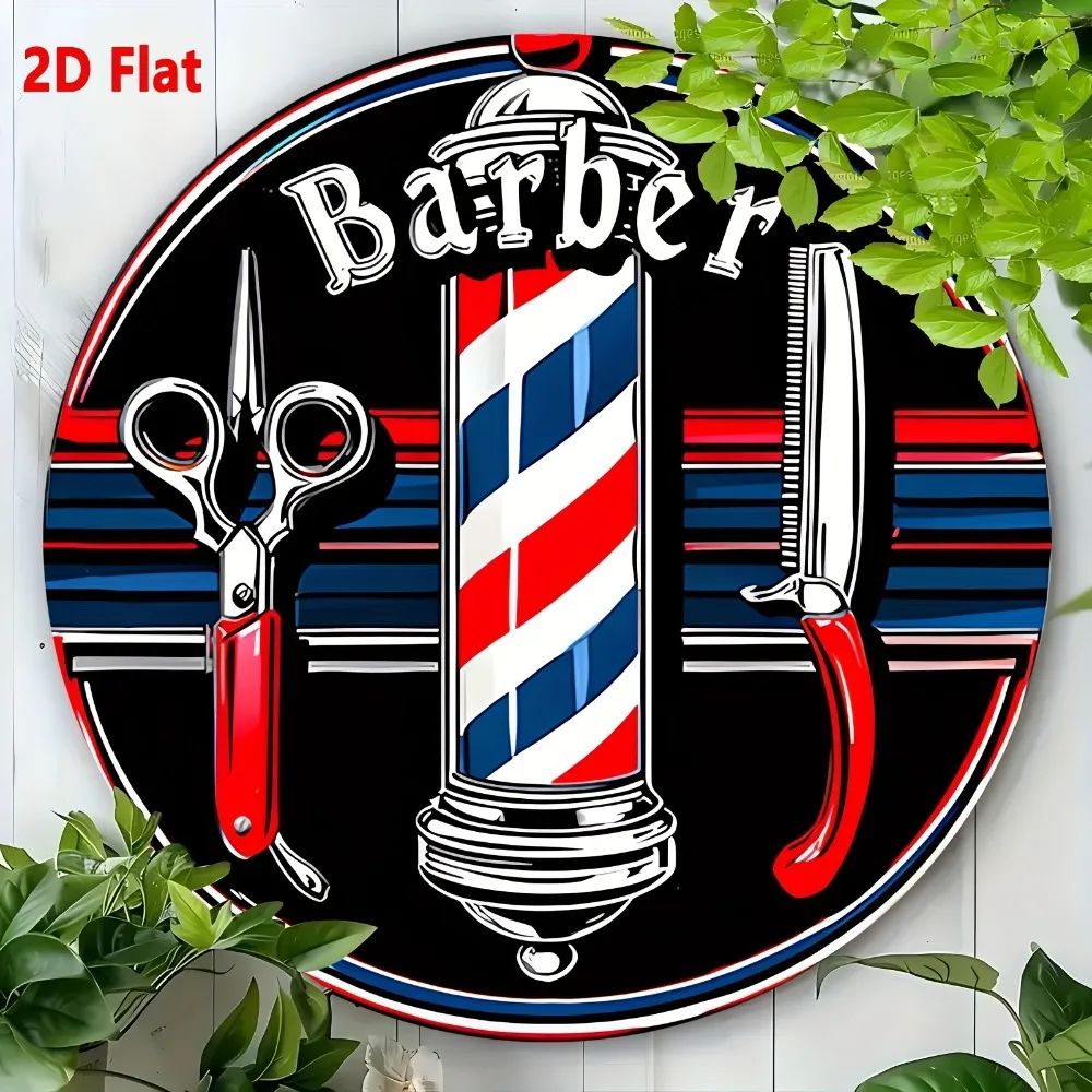 Retro Red White & Blue Striped Pole Metal Wall Sign, Aluminum Round Barbershop Decor with Scissors & Comb, 2D Flat Art