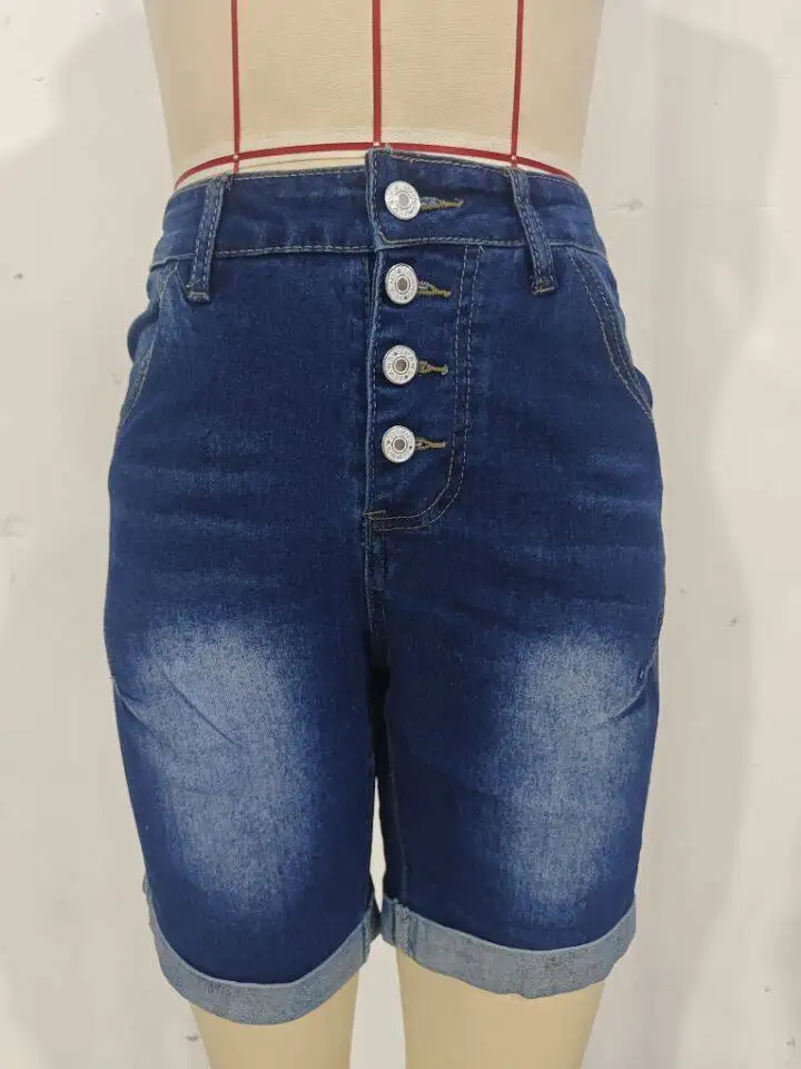Summer Women's Elastic High-Waisted Jeans Shorts Retro Button Denim Rolled Hem Mid-Length Pants view 6