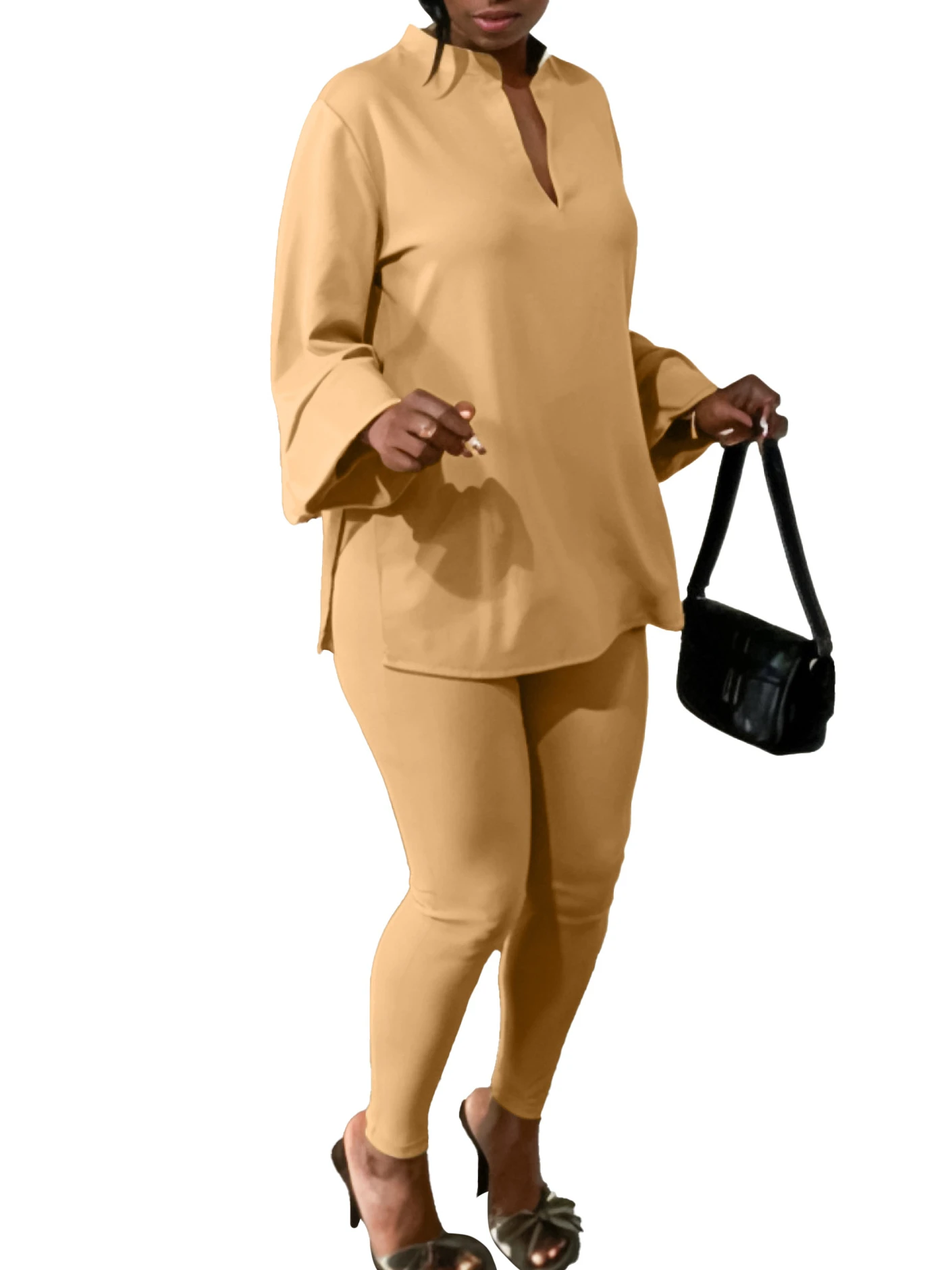 AOMEI Leisure 2 Piece Women\'s Wear 2024 Autumn/Winter Fashion Style Solid Color Large V-neck Long Sleeved Top Pants African Set