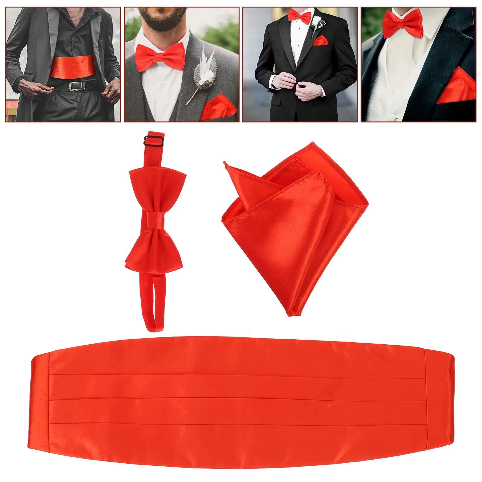 

3pcs Men Satin Bow Tie Cummerbund Handkerchief Set Formal Tuxedo Red Color Adjustable Silver Clip Pocket Hankie