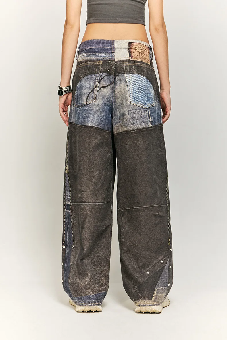 Leather Digitally Printed Jeans Distressed Y2k Men’s Jeans Motorcycle Jeans