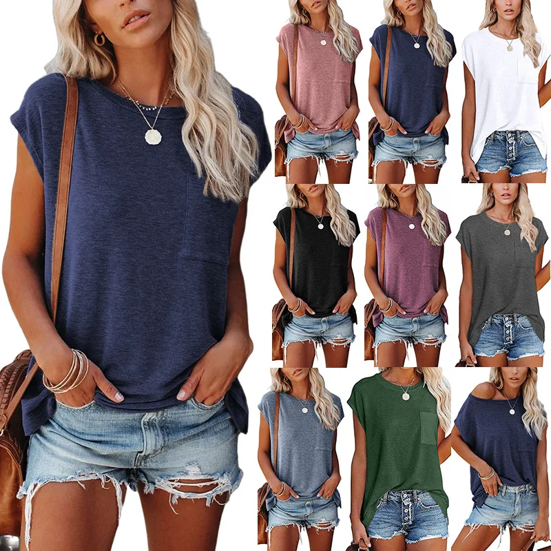 Summer T Shirt Women Female Solid Color Round Collar Pocket Open Fork Shoulder Short Sleeve T-shirt Female Tee Tshirts HLG7158
