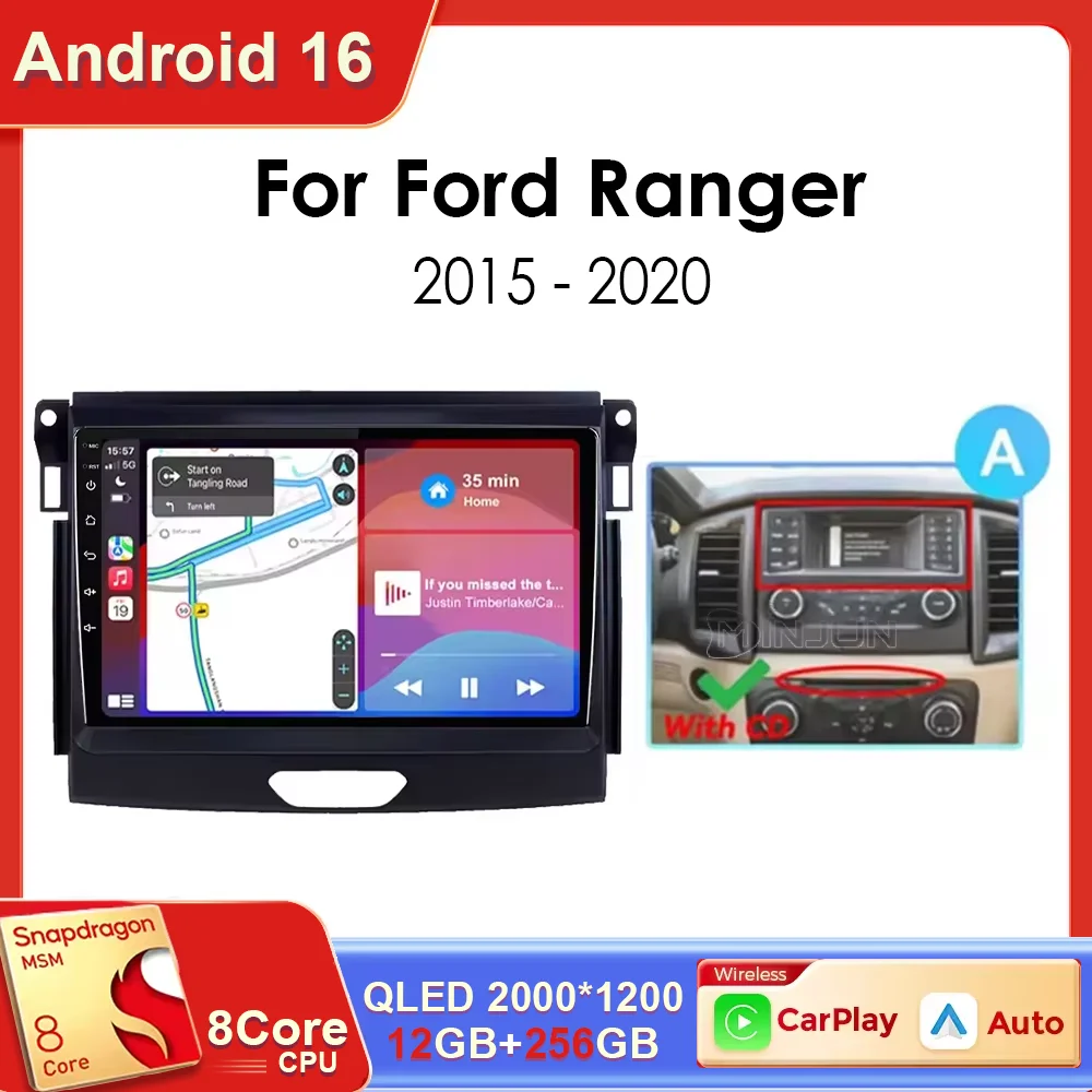 Rádio Automotivo Android 16 para Ford Ranger 2015 2016 2017 2018 2019 2020 com Tela QLED, GPS, Multimídia, Carplay e Autoradio.