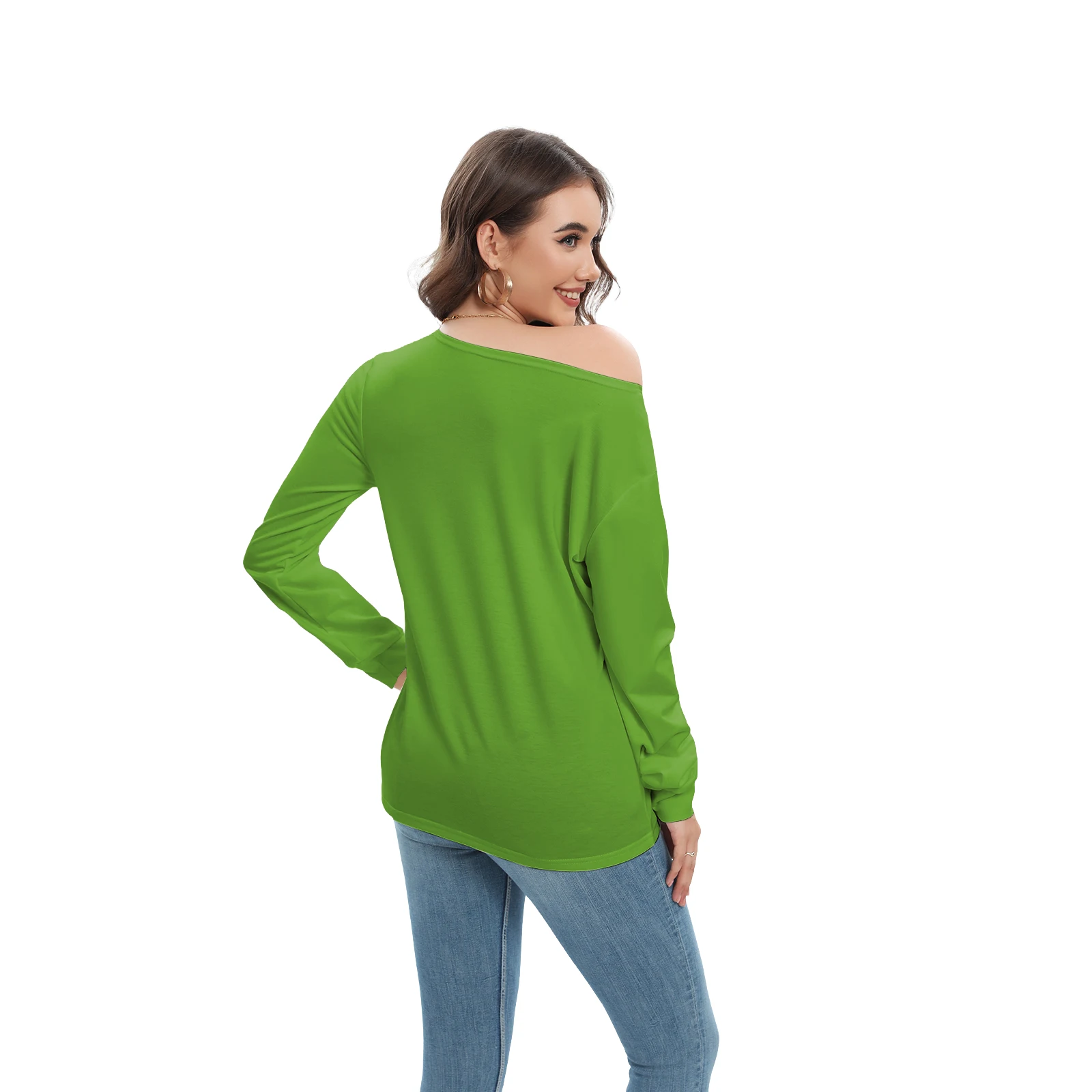 Nadanbao Women T-Shirt Casual Diagonal Collar Green Fur Monster Print Long Sleeve Tops Sexy Off Shoulder Loose Pullover T-Shirts