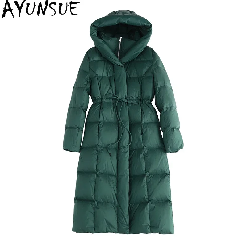 AYUNSUE White Duck Down Puffer Jacket Women with Hood 2024 Winter Long Coat Green Down Coats Oversize Womans Clothing Пуховики