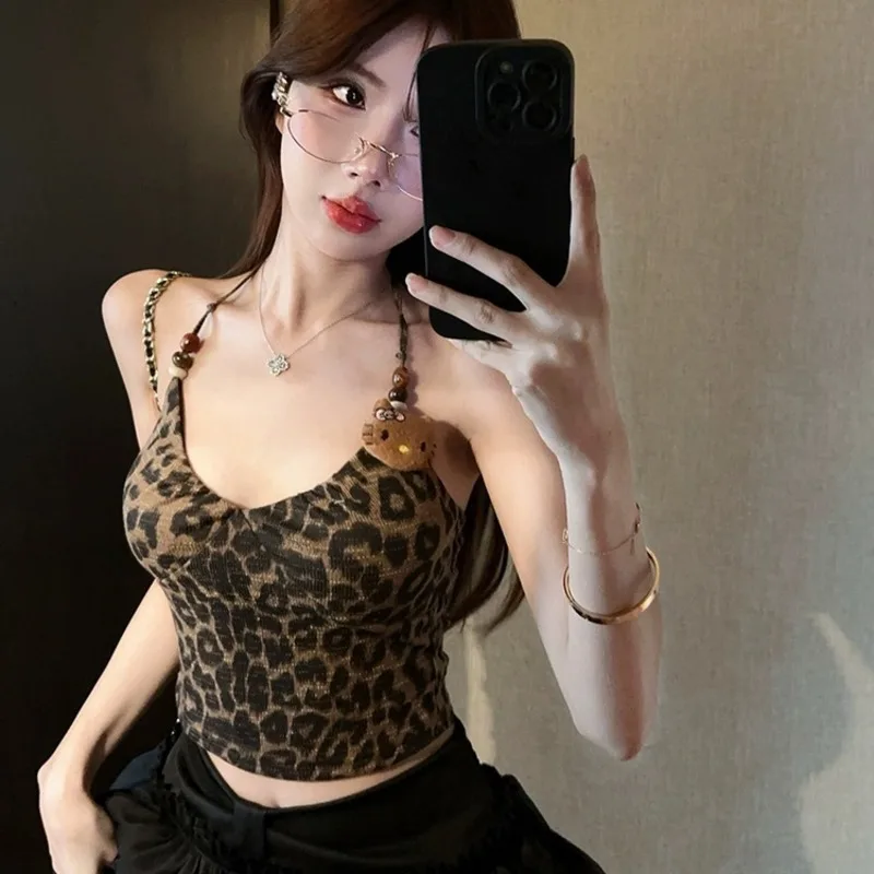 Three-dimensional Hellokitty American Vintage Tops Leopard Print Kitty Sexy Short Tees Girl Halter Bandage Y2k T-shirt For Women