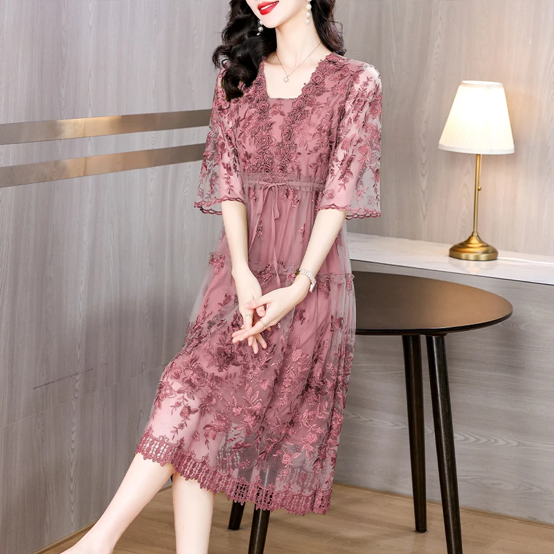 2024 Summer Floral Loose 4XL Plus Size Mulberry Silk Dress Vintage Casual Chiffon Midi Dress Women Elegant Bodycon Party Vestido