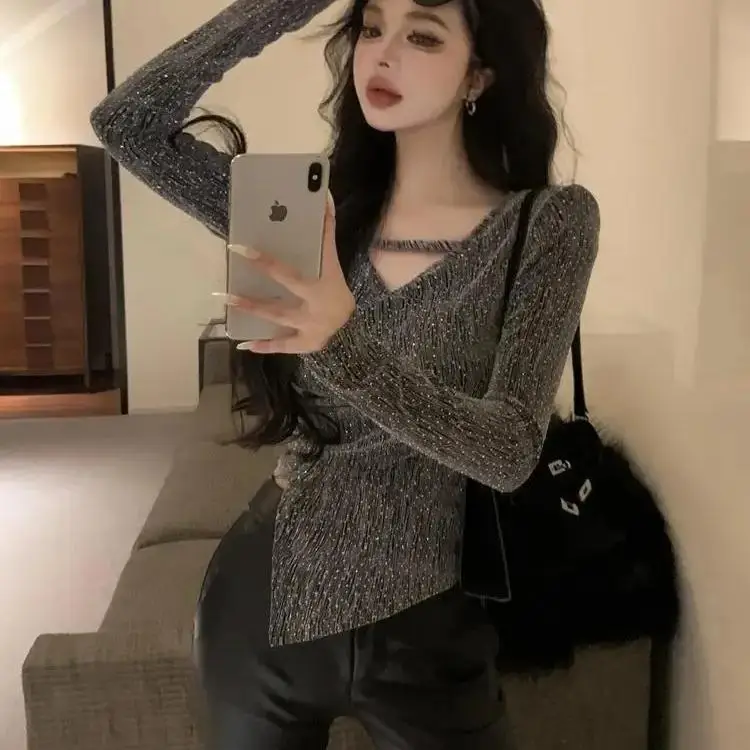Elegant Long Sleeve Sequin Shirt Women's Slim Fit Fashionable Spring New Style Ladylike Personality Popular Commute Style Top