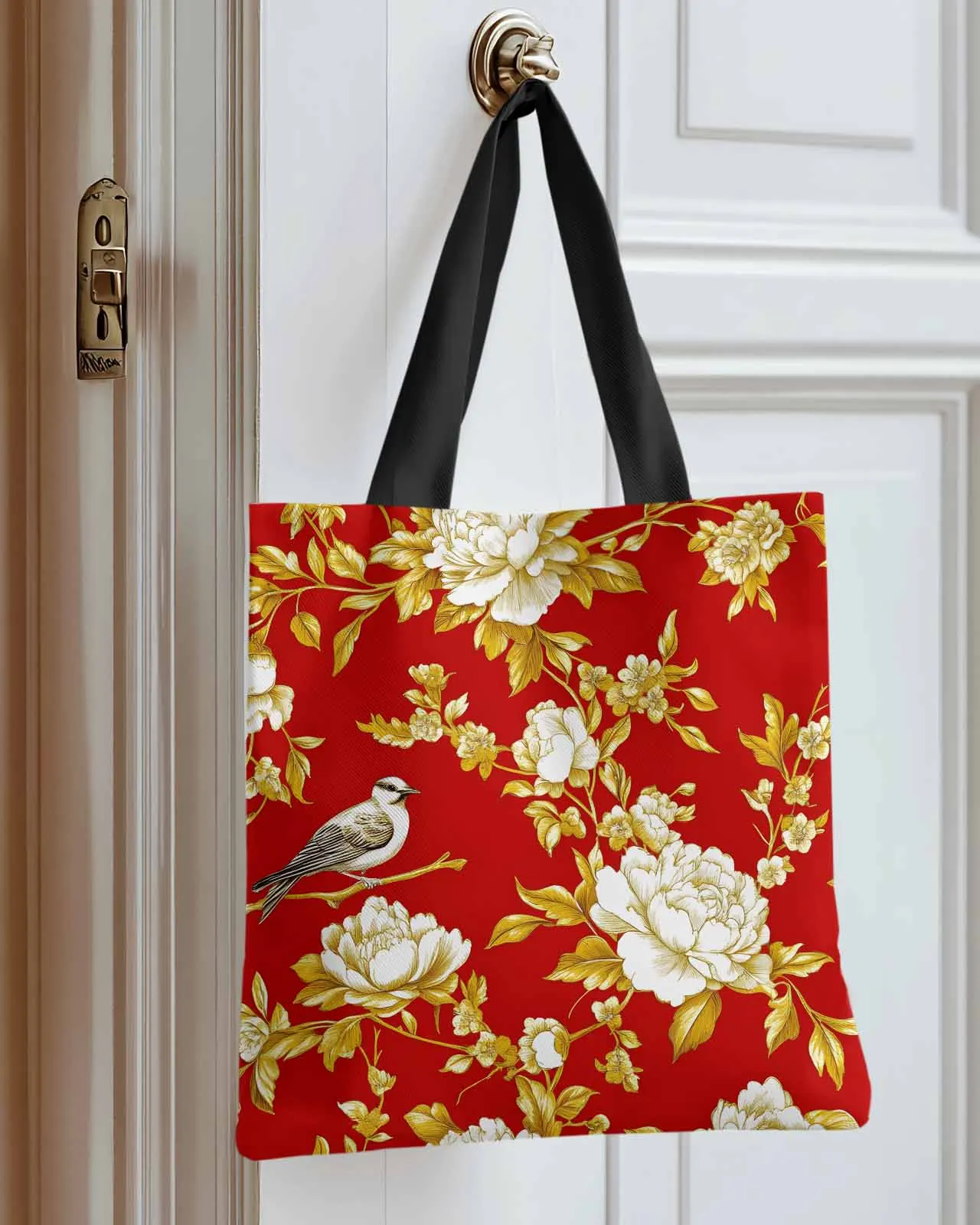 

Bird Gold Leaf Flower Red Background Canvas Bag Handbag Oxford Cloth Eco Shopping Storage Bag for Home Use