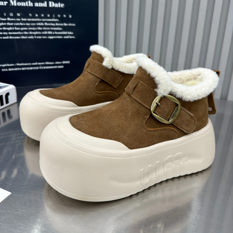 

Winter Warm Modern Boots Thick Sole Height Increasing Ankle Boots Fashion Buckle Strap Ladies Bootie Fleece Women Cotton Shoes