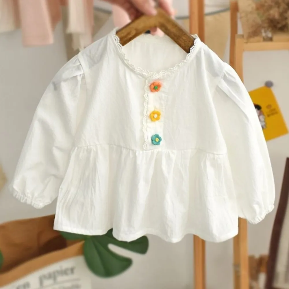 Baby Doll Shirt Spring Girls' Stylish Korean Puff Long Sleeved Tops Cute Floral Toddler Soft Blouse Children's Clothing