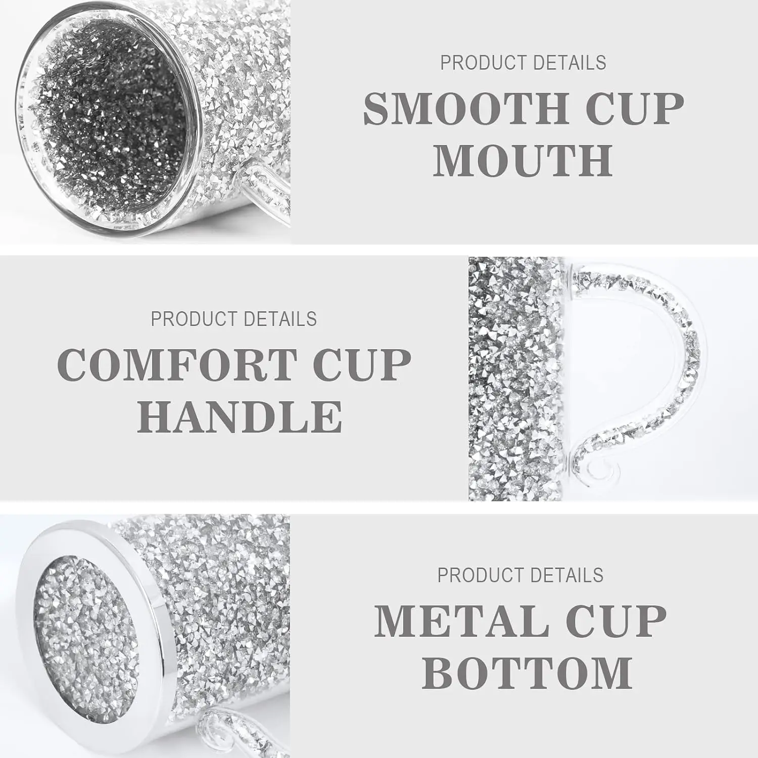 Crystal Glass Coffee Mug Set of 6 with Handle 6oz Sparkle Crushed Diamond Cups Double Layer Heat Insulation Vacuum Glass Mugs