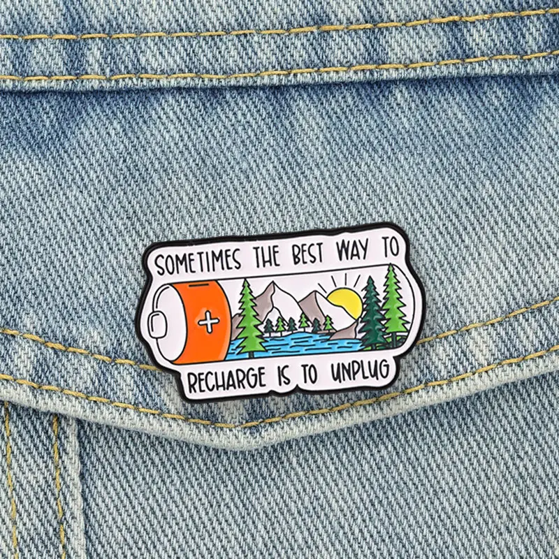 Battery Badge Mountain Lake Forest Scenery Enamel Pins Retro Outdoor Nature Inspirational Brooches Accessories Bag Decor