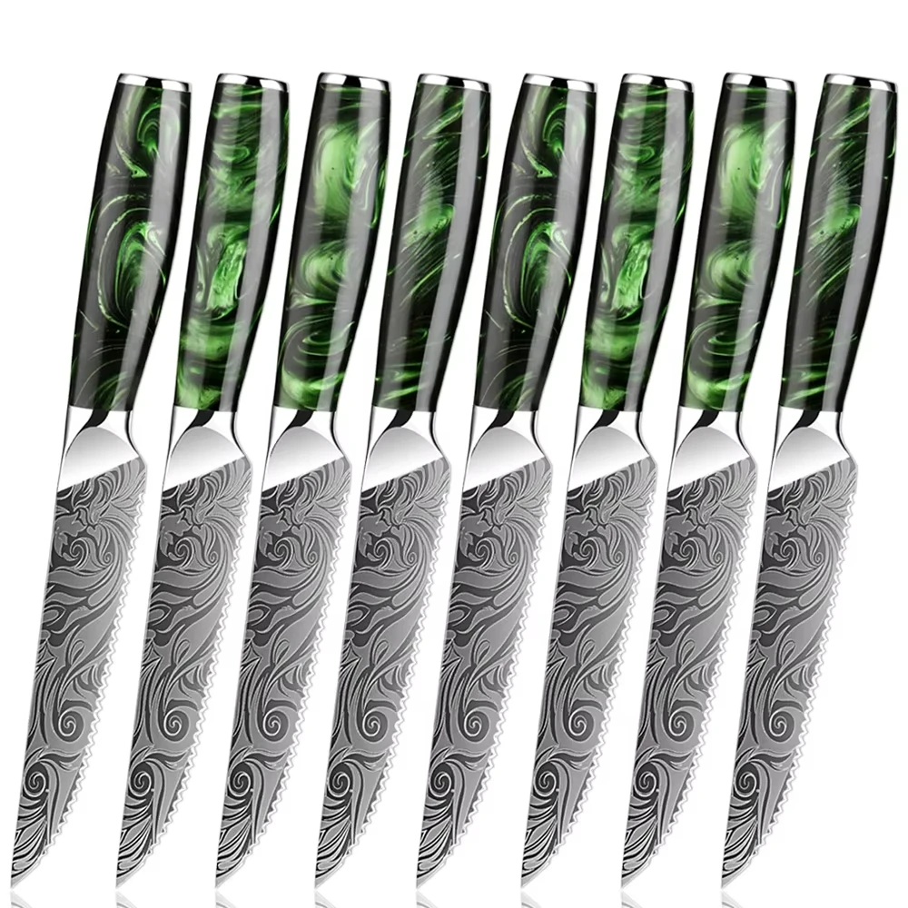 8PCS Steak Knife Set Durable Sharp Stainless Steel Green Resin Unique Handle Professional Dinner Meat Steak Knife Perfect Gifts