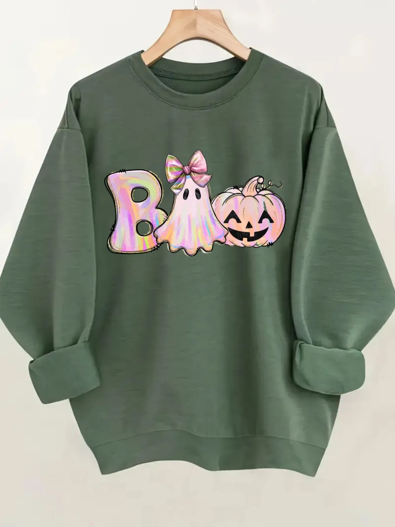Women's Crewneck Pullover Sweatshirt Boo Ghost Pumpkin Design, Soft Casual Long Sleeve, Daily Casual Top Outfit, Winter Women's Clothing, Halloween Costume Outfit