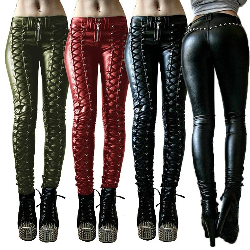 

New Women's Casual Pants Pure Color PU Leather Belted Trousers Punk Sle Tight Fit Long Trousers Ladies Faion Autumn 2023