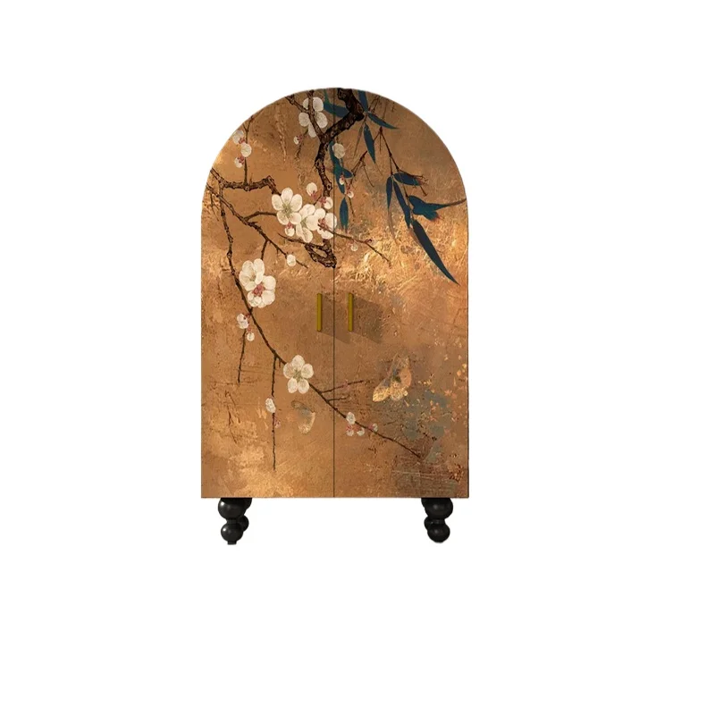 

Medieval solid wood wardrobe decorated with flowers and birds, bedroom storage and integrated storage cabinet