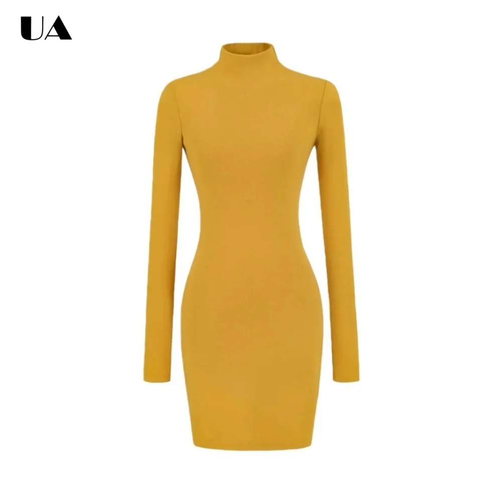 

Trendy Solid Turtleneck Mini Dress with Long Sleeves, Commuter Style Sheath Short Dresses for Women, Fashionable Bodycon Dress