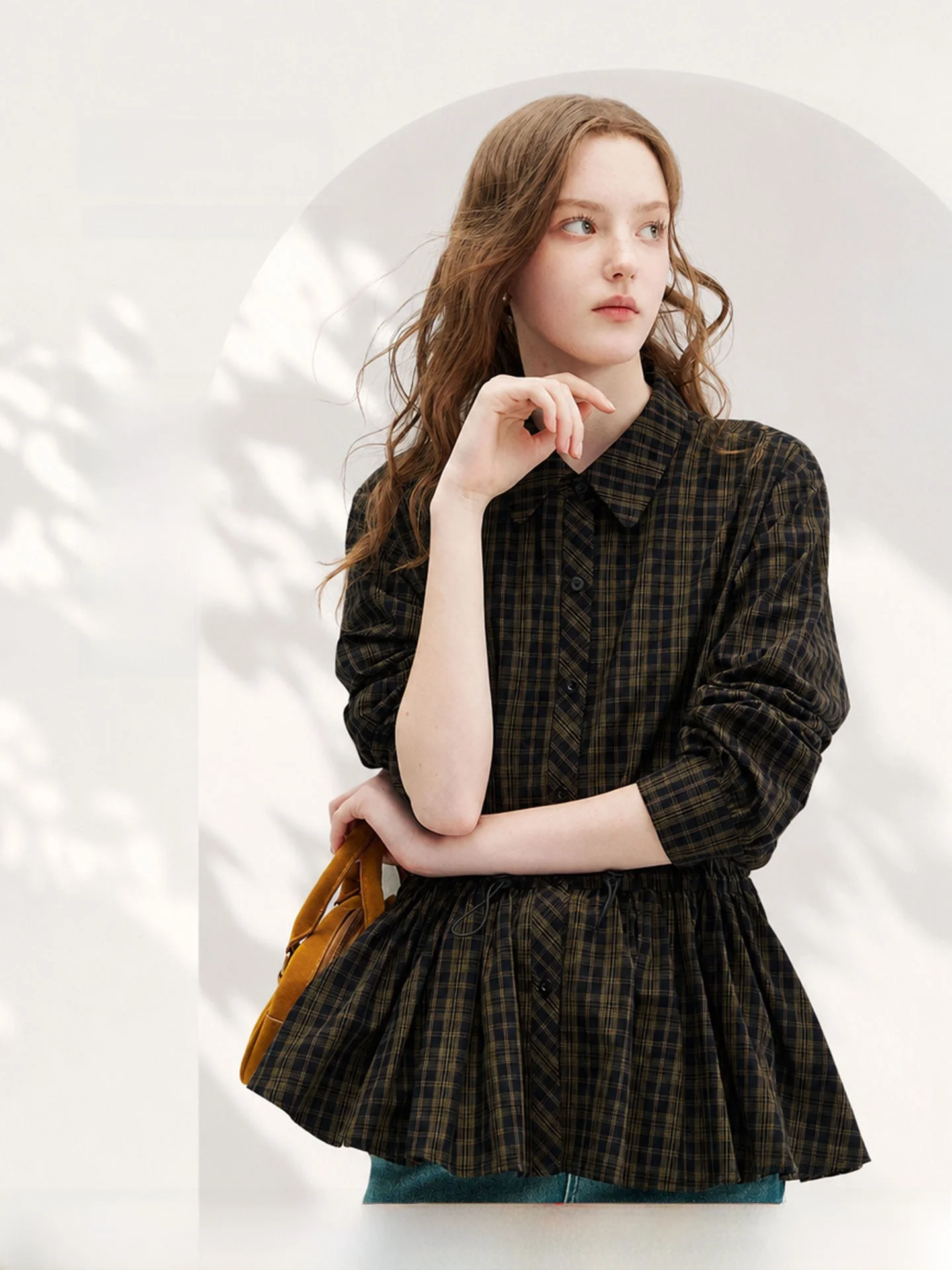 100% Pure Cotton Plaid Shirt Women's Autumn Fashion Drawstring Waist Cinching Hem Ruffle Collar Top KUHNMARVIN