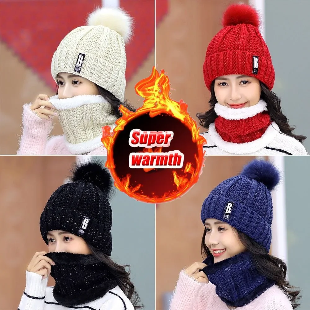 Women's Winter Padded Thickened Hat Scarf Warm Two-piece Korean Version of The Hitch Ear Protection Cycling Knitted Wool Hat