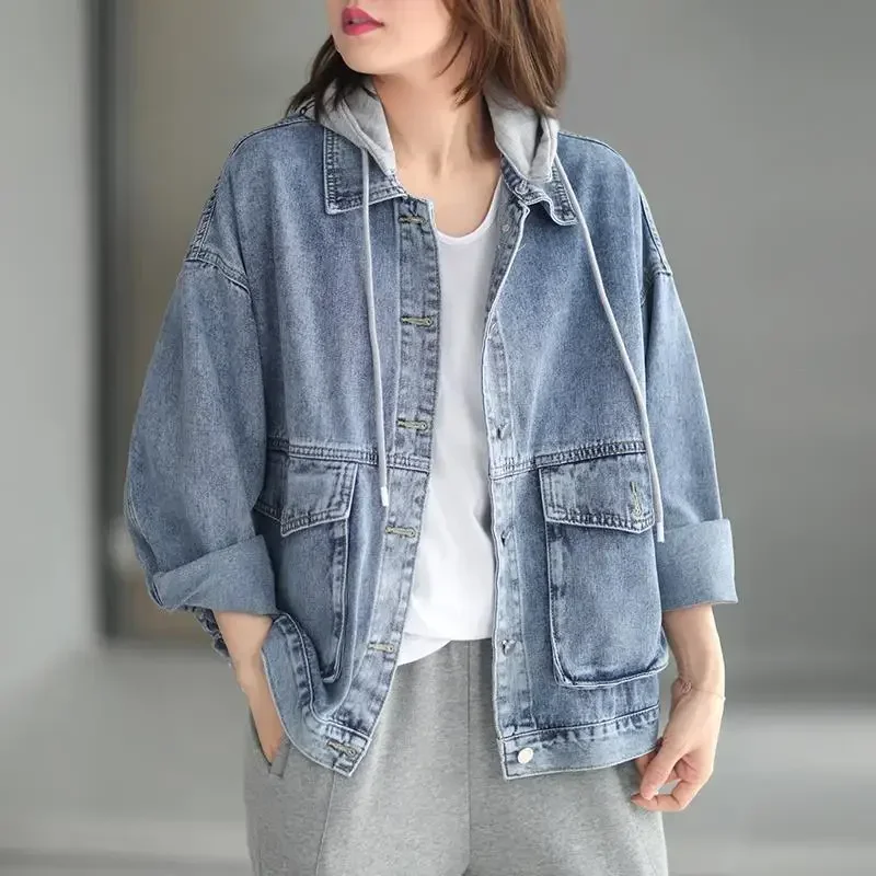 Jaqueta jeans coreana para as mulheres, solto e emagrecedor, oversize, com capuz, vintage, sólido, para a primavera, novo