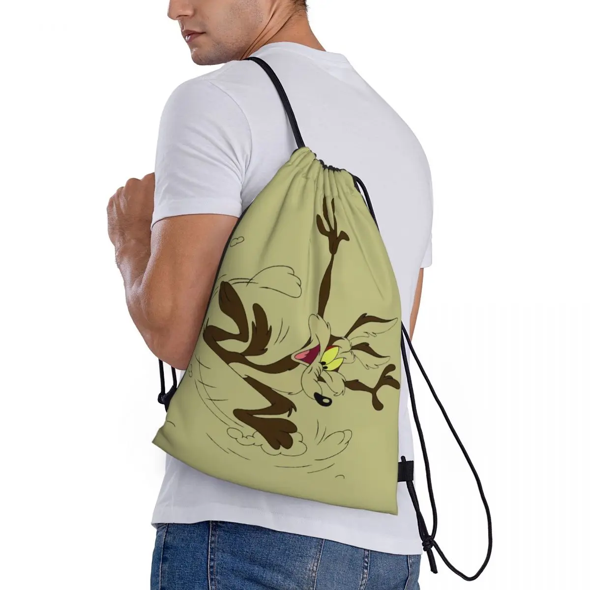 Custom Wile E. Coyote And The Road Runner Cartoon Drawstring Backpack Gym Sport Sackpack Foldable Film Shopping Bag Sack