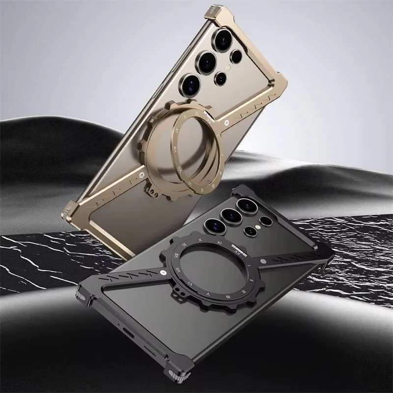 Night Light Z Shape Metal Case for Samsung Galaxy S25 S24 S23 S22 Ultra Protective Cover Shockproof Bumper 360°Rotation Holder